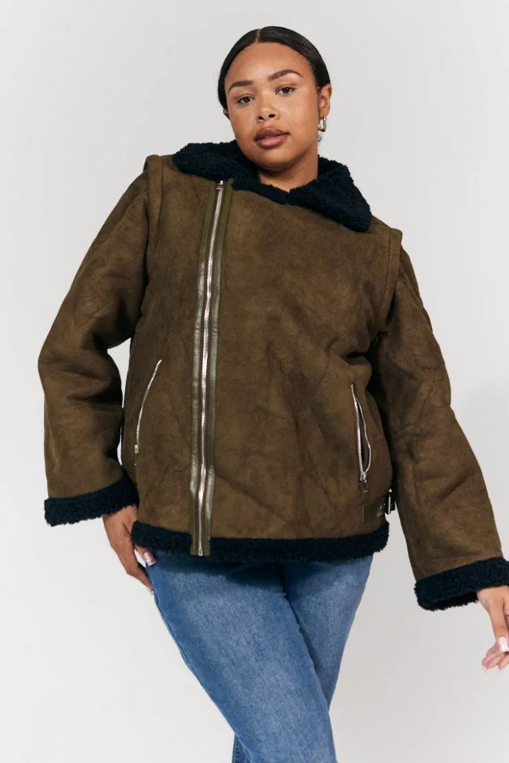 New In The Style 2 in 1 Aviator Coat/Gilet Khaki