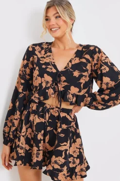 Online In the Style Abstract Floral Frill Co-Ord Shorts Brown