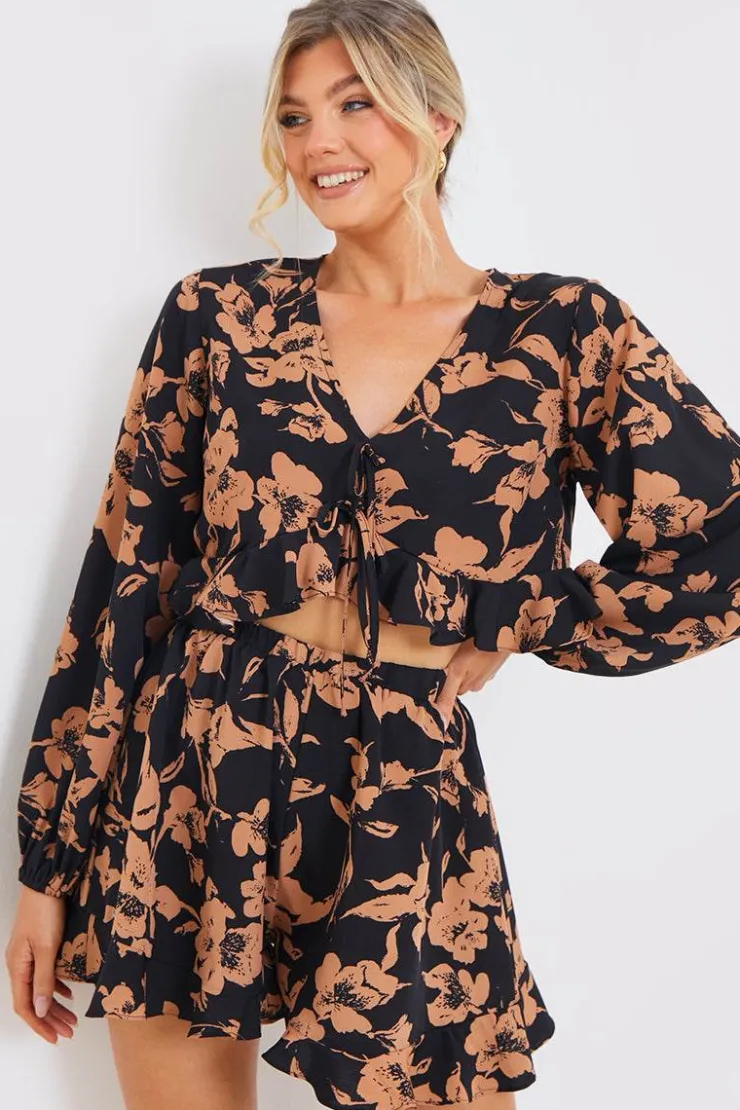 Online In the Style Abstract Floral Frill Co-Ord Shorts Brown