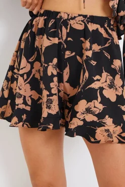 Online In the Style Abstract Floral Frill Co-Ord Shorts Brown