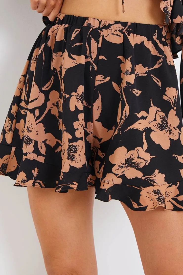 Online In the Style Abstract Floral Frill Co-Ord Shorts Brown