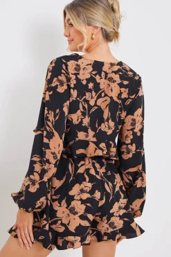 Online In the Style Abstract Floral Frill Co-Ord Shorts Brown