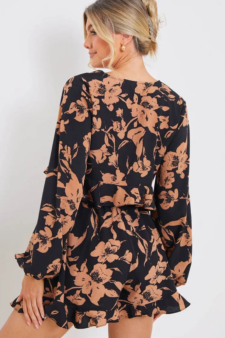Online In the Style Abstract Floral Frill Co-Ord Shorts Brown