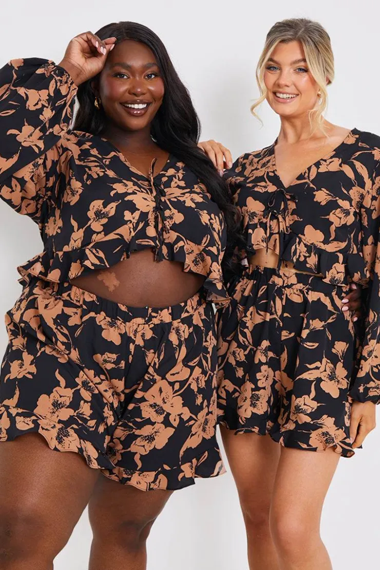 Online In the Style Abstract Floral Frill Co-Ord Shorts Brown