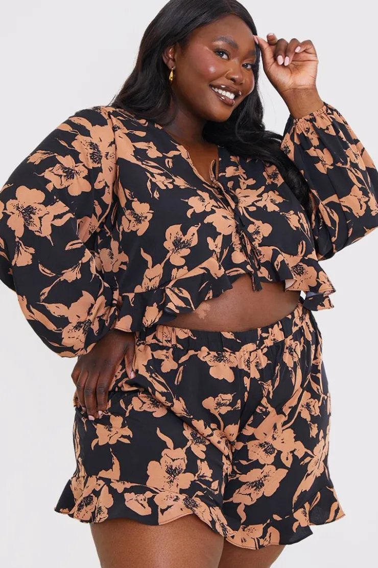 Online In the Style Abstract Floral Frill Co-Ord Shorts Brown