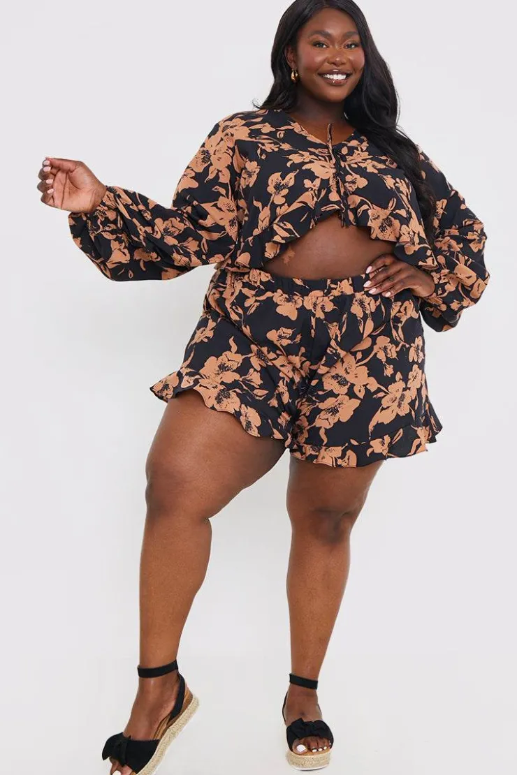 Online In the Style Abstract Floral Frill Co-Ord Shorts Brown