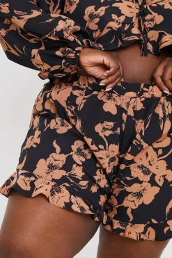 Online In the Style Abstract Floral Frill Co-Ord Shorts Brown