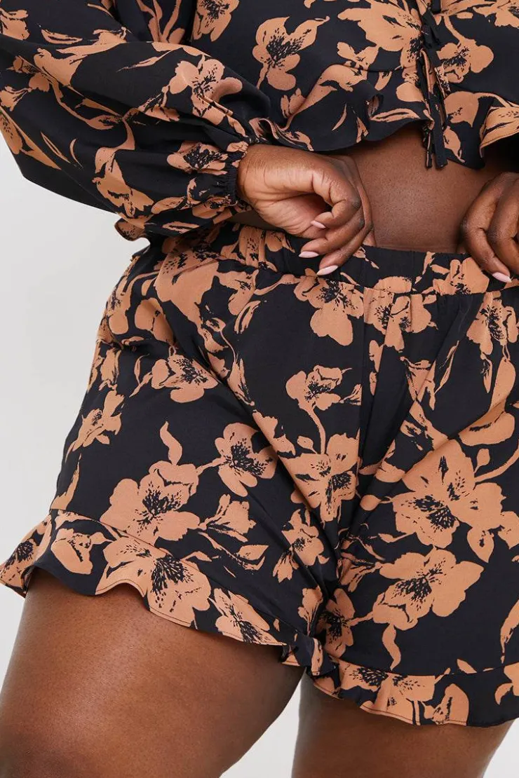 Online In the Style Abstract Floral Frill Co-Ord Shorts Brown