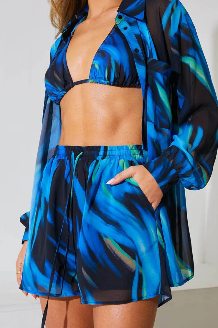 New In the Style Abstract Print Chiffon Co-Ord Beach Short Blue