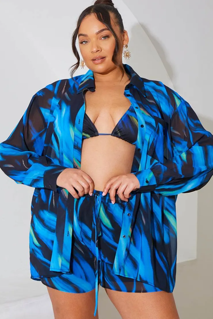 New In the Style Abstract Print Chiffon Co-Ord Beach Short Blue