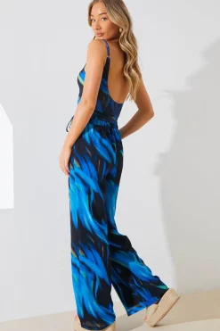 In the Style Abstract Print Chiffon Co-Ord Wide Leg Trousers Blue