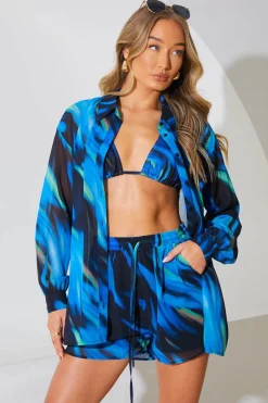 Online In the Style Abstract Print Chiffon Co-Ord Beach Shirt Blue