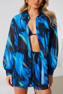 Online In the Style Abstract Print Chiffon Co-Ord Beach Shirt Blue