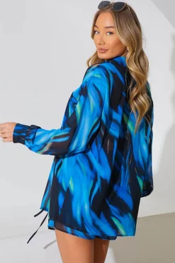 Online In the Style Abstract Print Chiffon Co-Ord Beach Shirt Blue