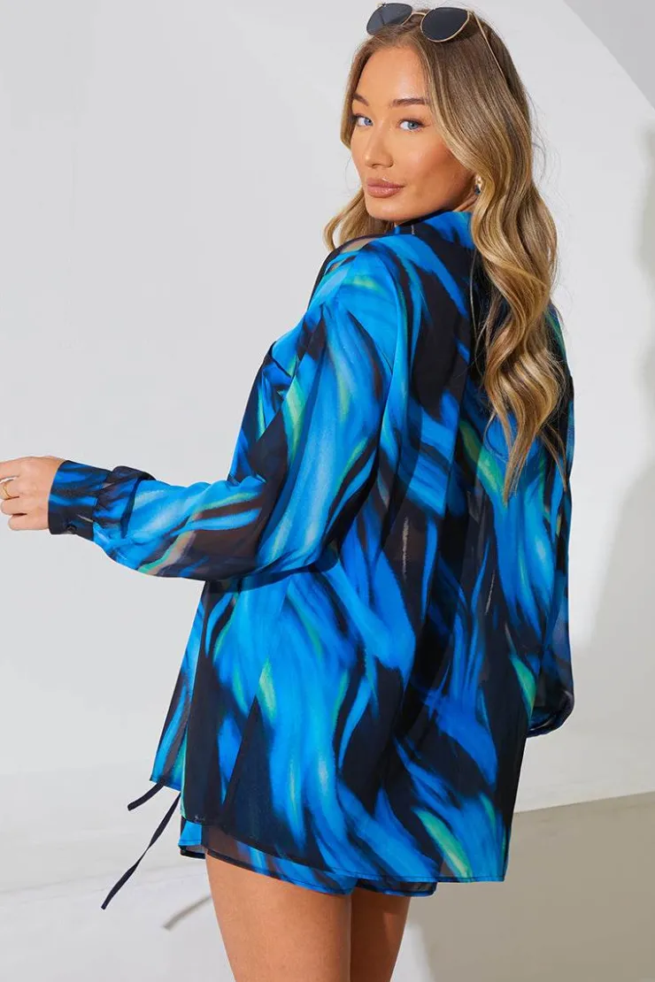 Online In the Style Abstract Print Chiffon Co-Ord Beach Shirt Blue
