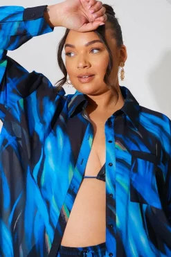 Online In the Style Abstract Print Chiffon Co-Ord Beach Shirt Blue