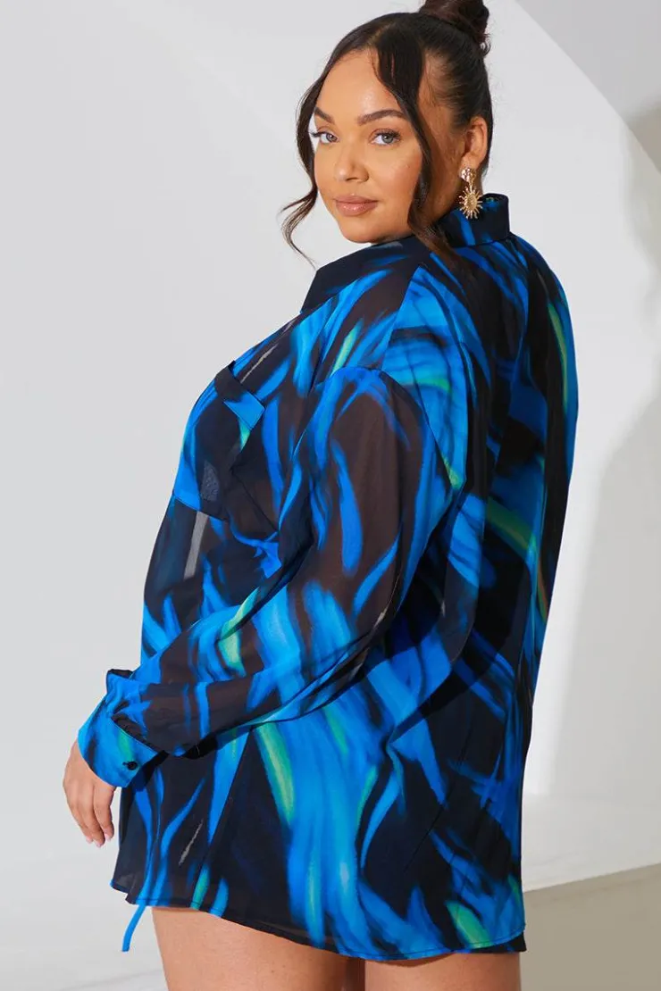Online In the Style Abstract Print Chiffon Co-Ord Beach Shirt Blue