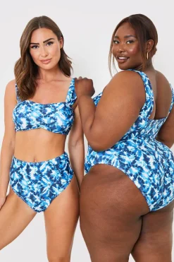 Sale In the Style Abstract Print High Waisted Bikini Bottoms Blue
