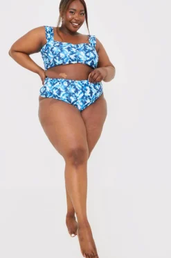 Sale In the Style Abstract Print High Waisted Bikini Bottoms Blue