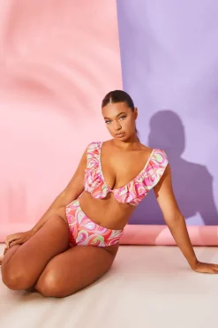 Hot Billie Faiers Abstract Print Ruffle Bikini Top Pink