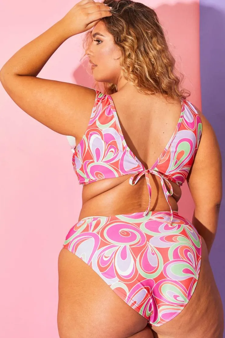 Hot Billie Faiers Abstract Print Ruffle Bikini Top Pink