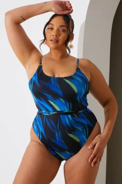 Online In the Style Abstract Print Scoop Neck Gold Trim Belted Swimsuit Blue