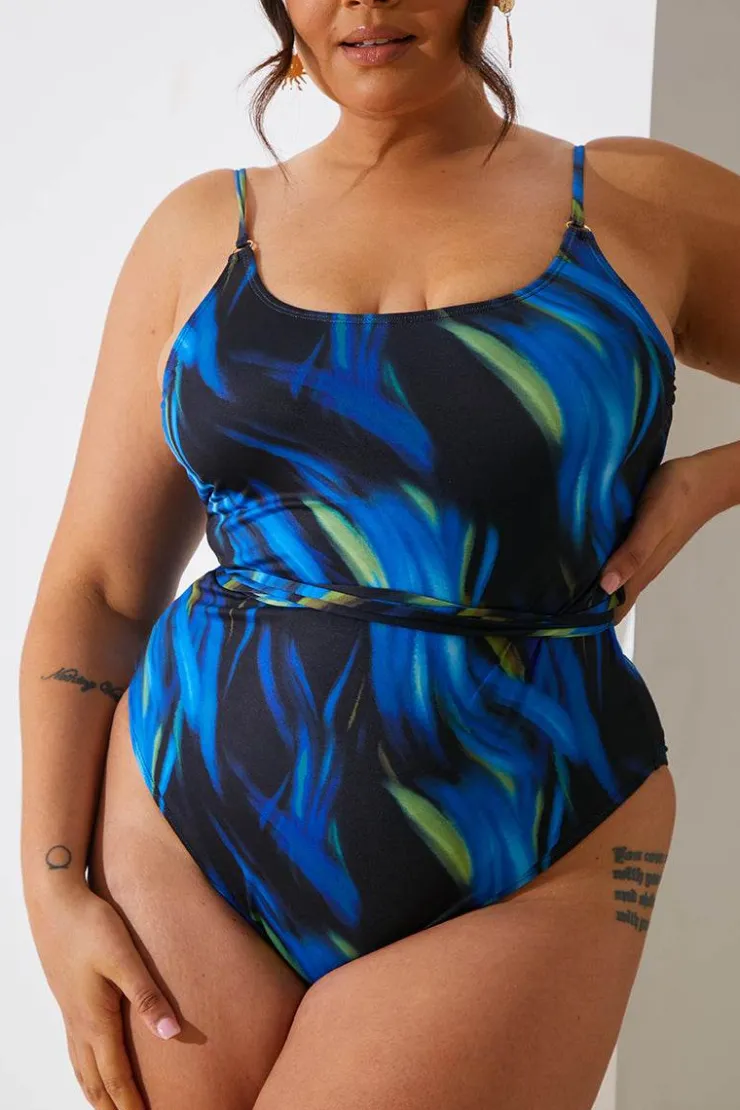 Online In the Style Abstract Print Scoop Neck Gold Trim Belted Swimsuit Blue