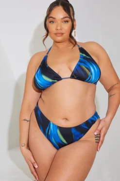 Online In the Style Abstract Print Triangle Gold Trim Bikini Top Blue