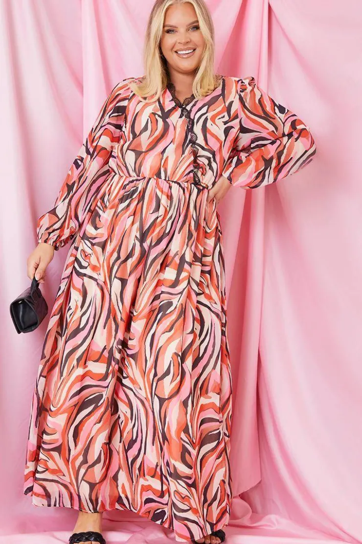 New In the Style Abstract Print V Wrap Lace Trim Maxi Dress Pink