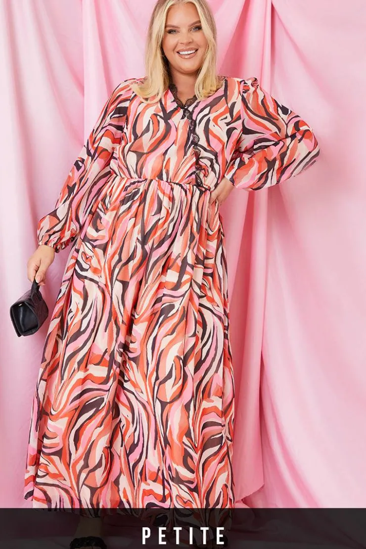 New In the Style Abstract Print V Wrap Lace Trim Maxi Dress Pink