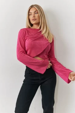 Best In the Style Acetate Slinky Co-Ord Wrap Crop Top Pink