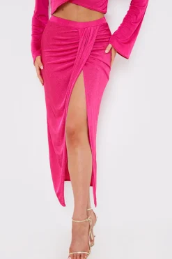 Best In the Style Acetate Slinky Wrap Co-Ord Midi Skirt Pink