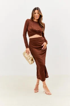Outlet In the Style Acetate Slinky Wrap Co-Ord Skirt Chocolate