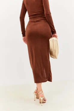 Outlet In the Style Acetate Slinky Wrap Co-Ord Skirt Chocolate