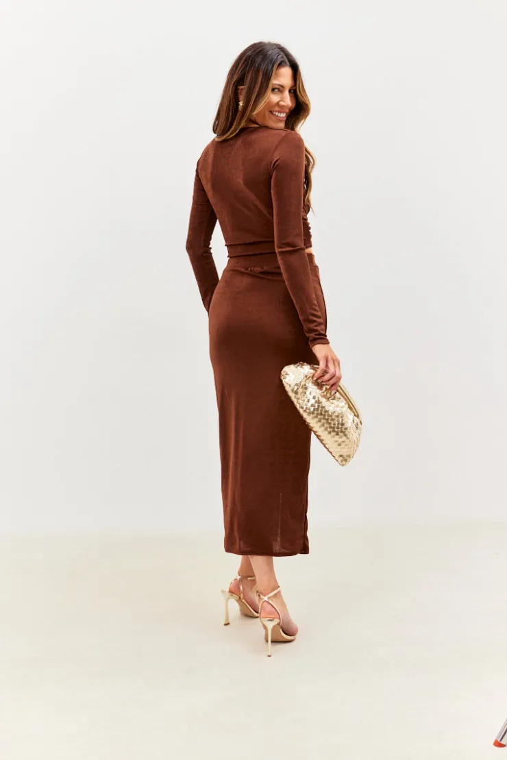 Outlet In the Style Acetate Slinky Wrap Co-Ord Skirt Chocolate