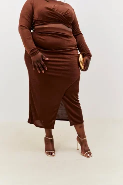 Outlet In the Style Acetate Slinky Wrap Co-Ord Skirt Chocolate