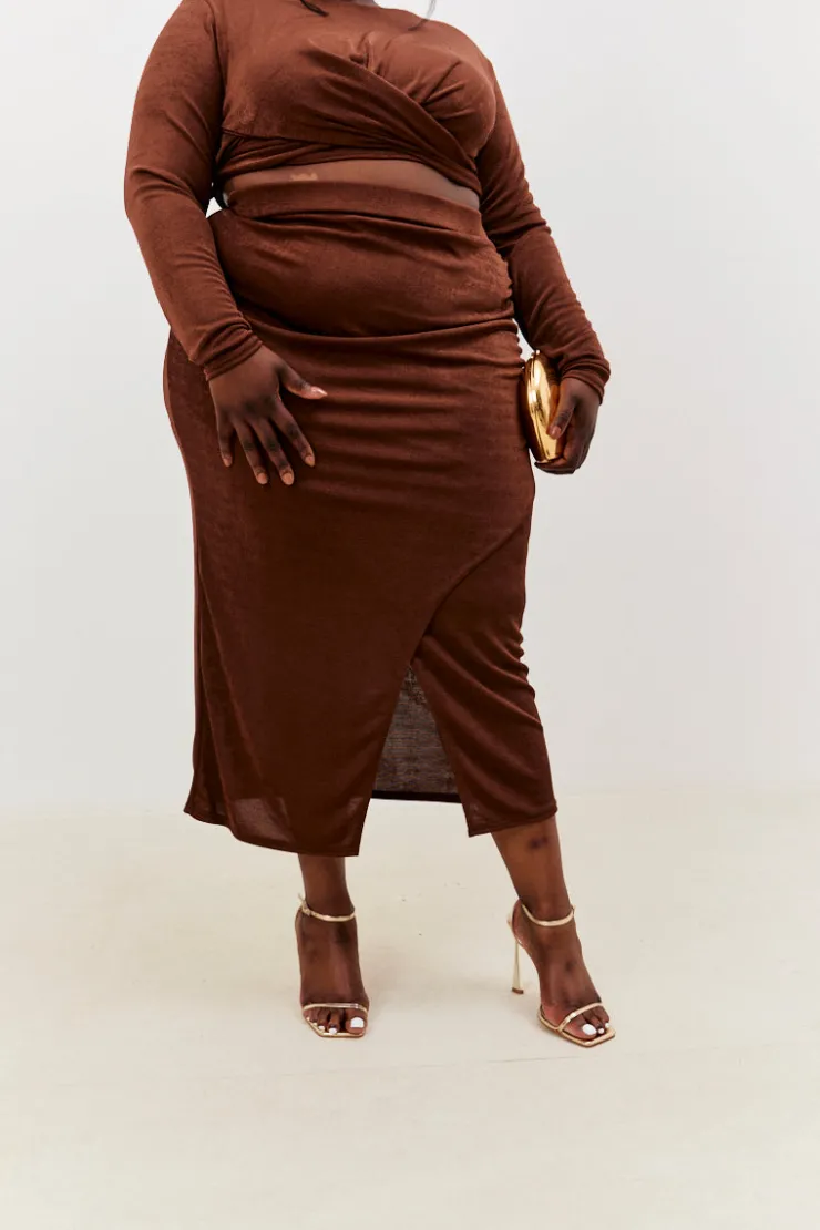 Outlet In the Style Acetate Slinky Wrap Co-Ord Skirt Chocolate
