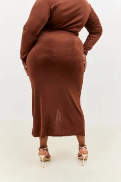 Outlet In the Style Acetate Slinky Wrap Co-Ord Skirt Chocolate