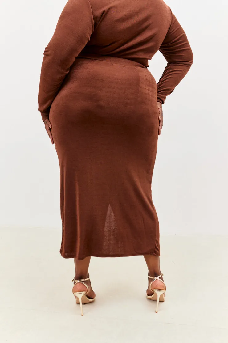 Outlet In the Style Acetate Slinky Wrap Co-Ord Skirt Chocolate