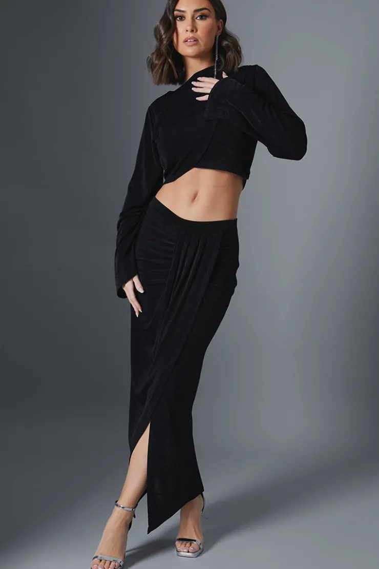 Sale In the Style Acetate Slinky Wrap Midi Skirt Black