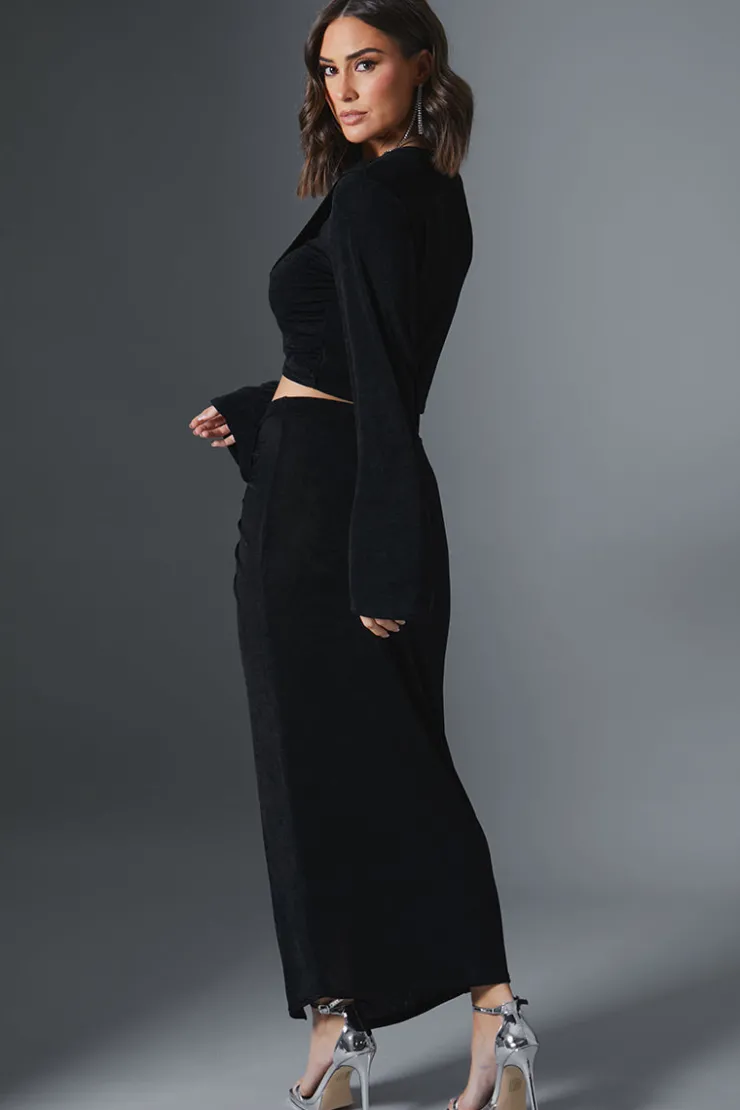 Sale In the Style Acetate Slinky Wrap Midi Skirt Black