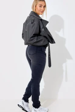 Outlet In The Style Acid Wash Straight Leg Split Hem Jeans Black