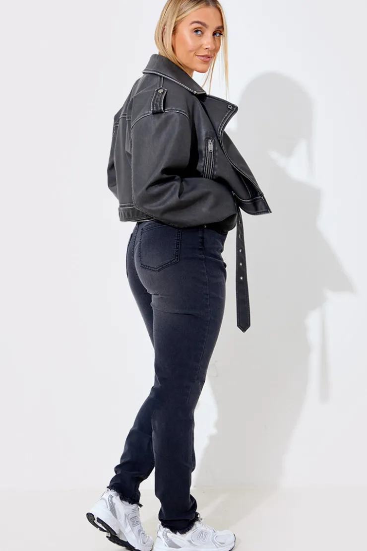 Outlet In The Style Acid Wash Straight Leg Split Hem Jeans Black