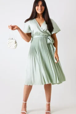 In The Style Angel Sleeve Pleated Wrap Midi Dress Sage