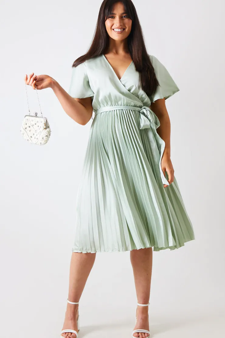 In The Style Angel Sleeve Pleated Wrap Midi Dress Sage
