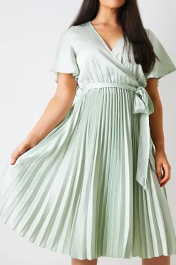 In The Style Angel Sleeve Pleated Wrap Midi Dress Sage