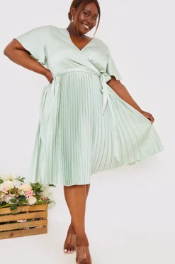 In The Style Angel Sleeve Pleated Wrap Midi Dress Sage