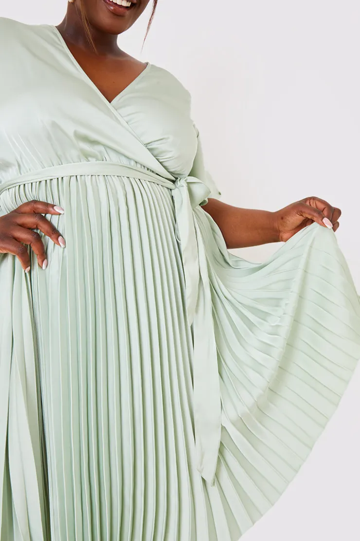 In The Style Angel Sleeve Pleated Wrap Midi Dress Sage