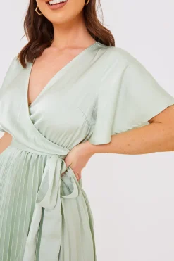 In The Style Angel Sleeve Pleated Wrap Midi Dress Sage