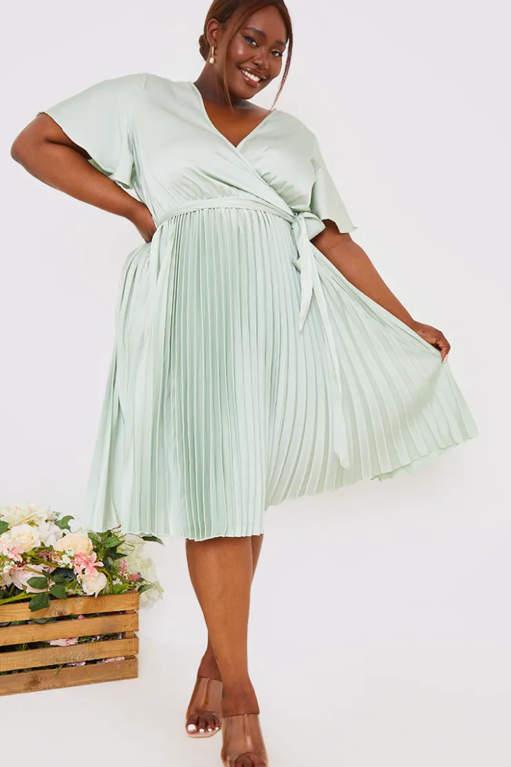 In The Style Angel Sleeve Pleated Wrap Midi Dress Sage